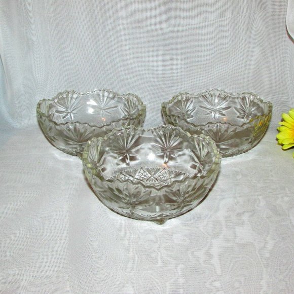 3 Vintage Clear Glass Dessert Snack Bowls Footed Fancy Pattern - Picture 10 of 11